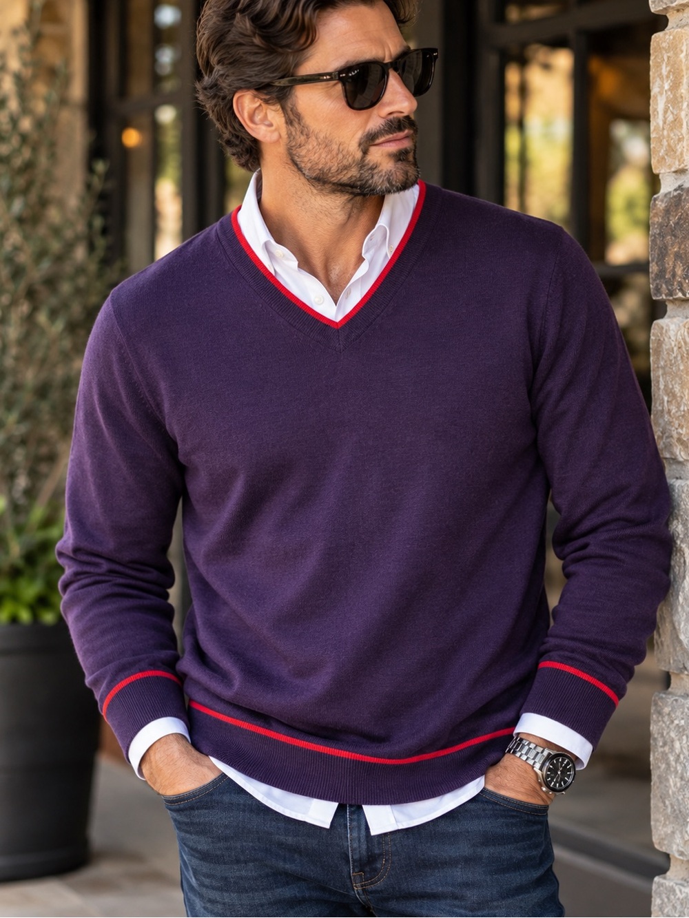 Bugatchi Uomo 100% Merino Wool V-Neck Sweater XL Purple Red Trim
